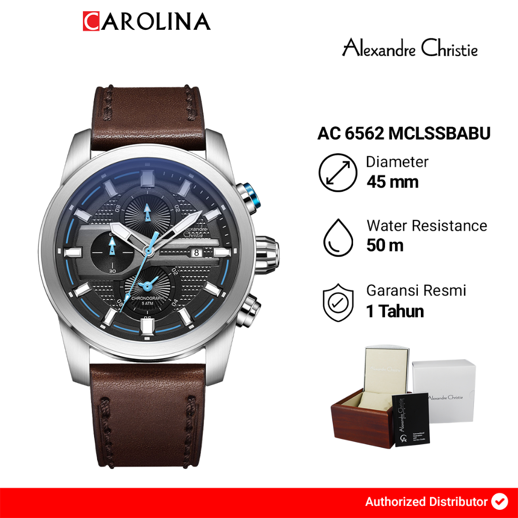 Jam Tangan Pria Alexandre Christie Chronograph AC 6562 MCLSSBABU Black Dial Brown Leather Strap