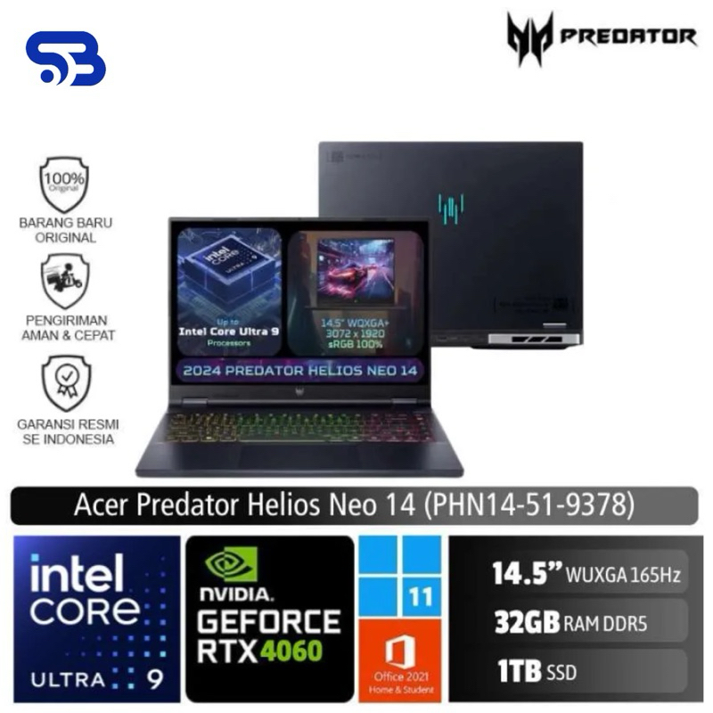 Acer Predator Helios Neo 14 PHN14-51-9378 /Ultra 9 185H/32GB/1TB SSD/RTX4060 8GB/14.5″ WQXGA 165Hz/W