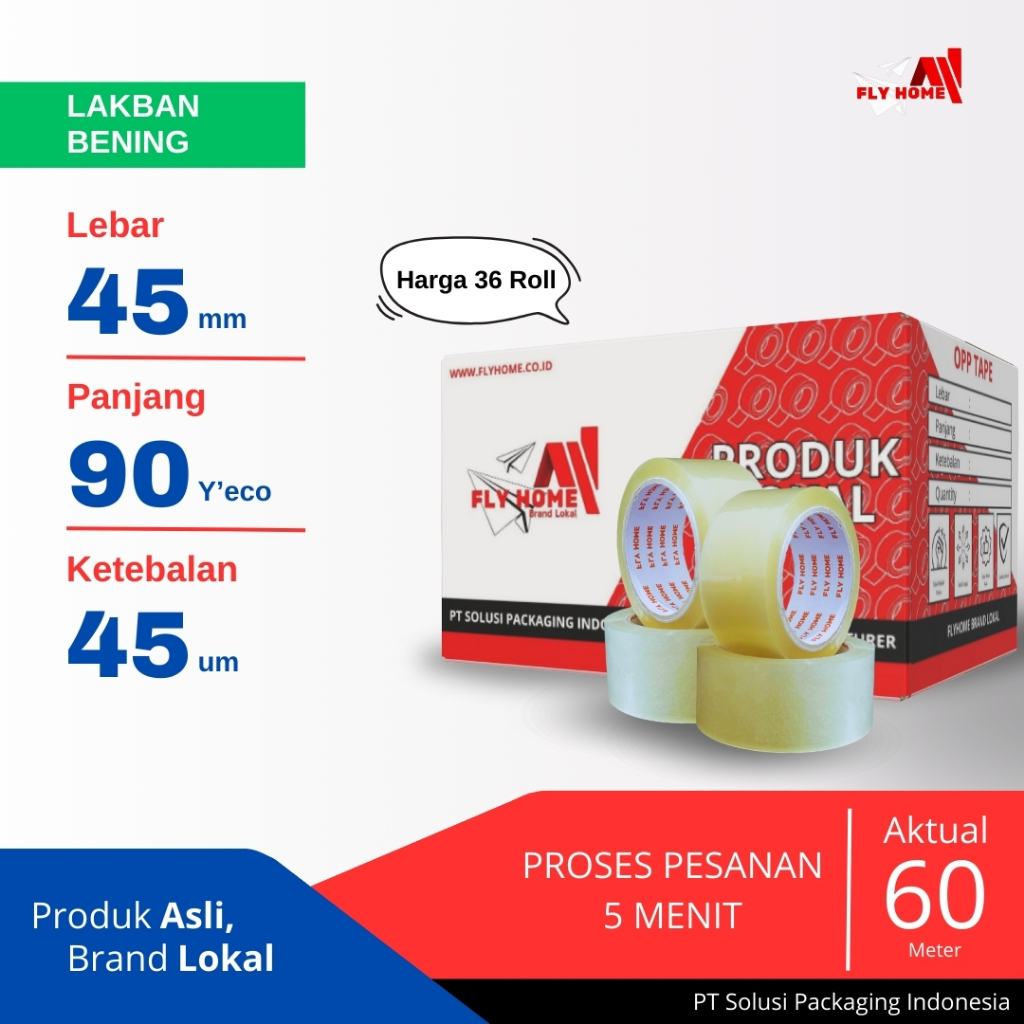 

FLYHOME LAKBAN BENING 1/2 DUS 90YARD 45MM X 90YARD 2INCHI 36 ROLL 90 YARD ECO