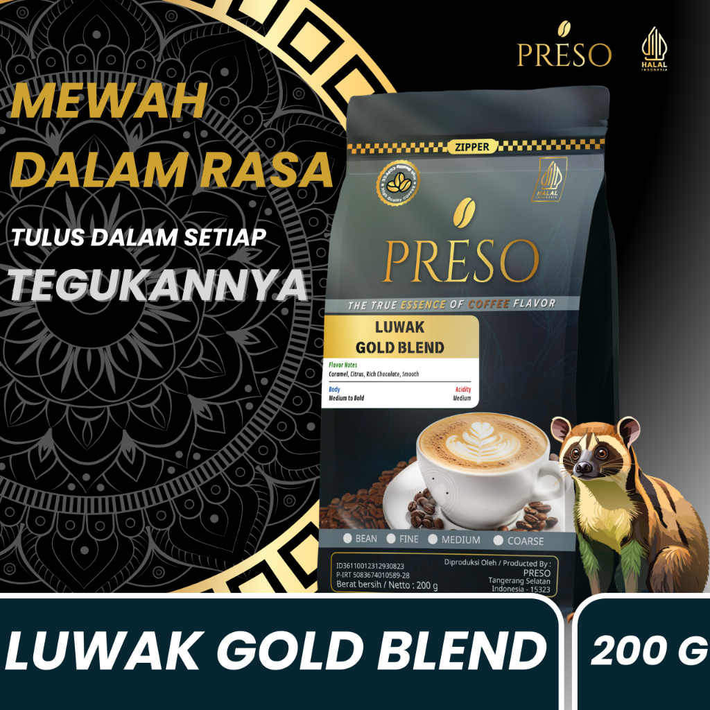 

PRESO Kopi Luwak Gold Blend House Blend 200 Gram