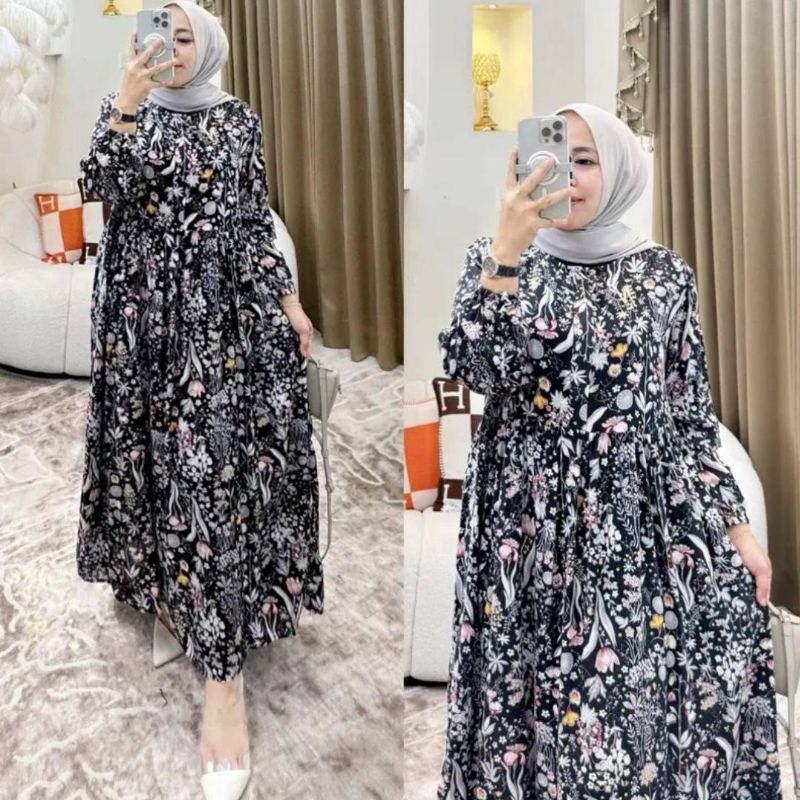 Midi dress flowery gamis motif bunga-bunga terbaru