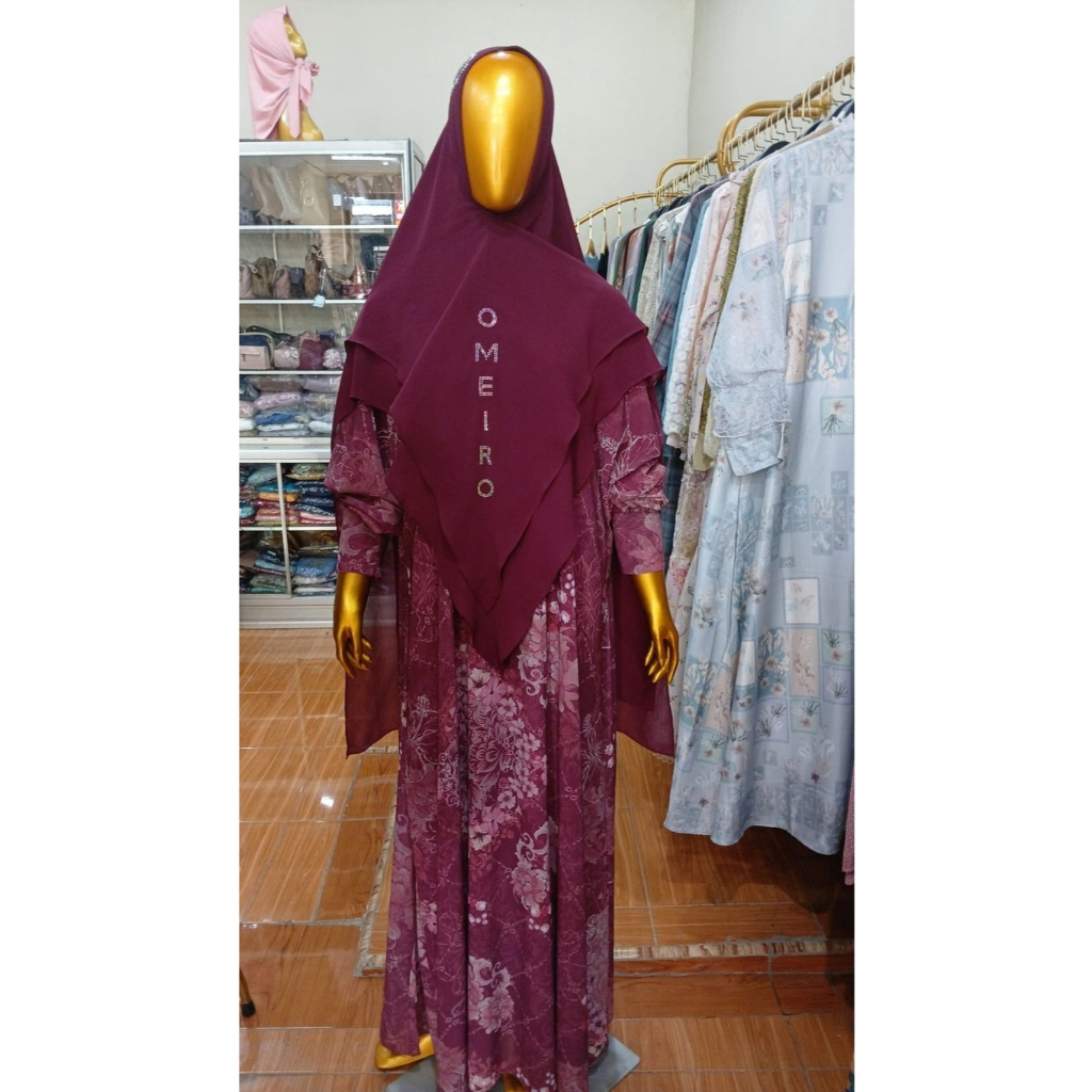 Omeiro Set Gamis + Jilbab Merah Maroon Sifon Premium Ukuran Jumbo
