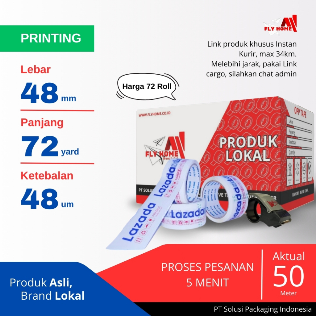 

FLYHOME Lakban online shop 1 dus 72yard tk biru 48mm x 72yard 72 roll ECO Instan