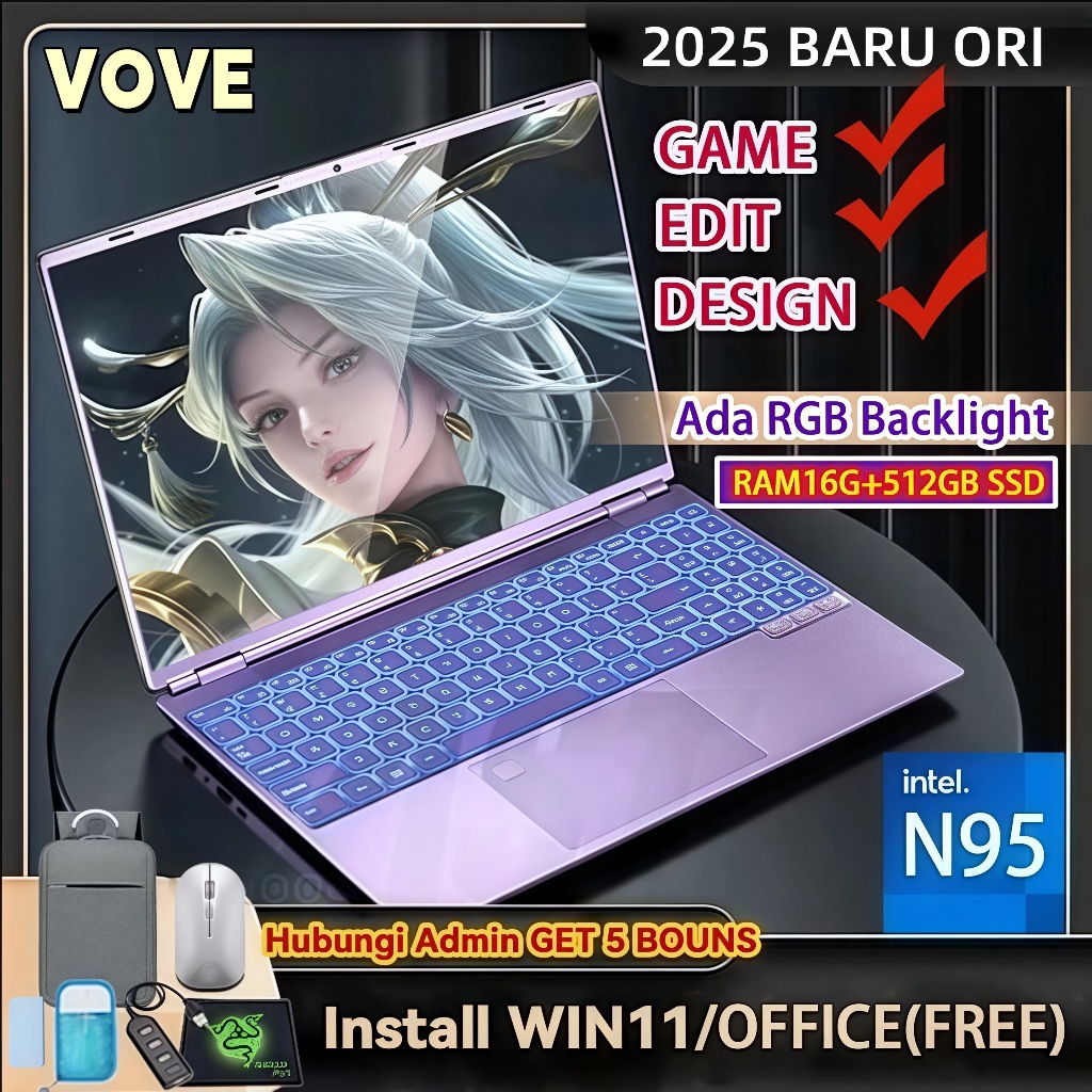 VOVE【100%Baru】 Laptop Win 11/10 Intel N5095 15.6inch IP HD Display 16GB + 512GB RAM Laptop Murah,ADV
