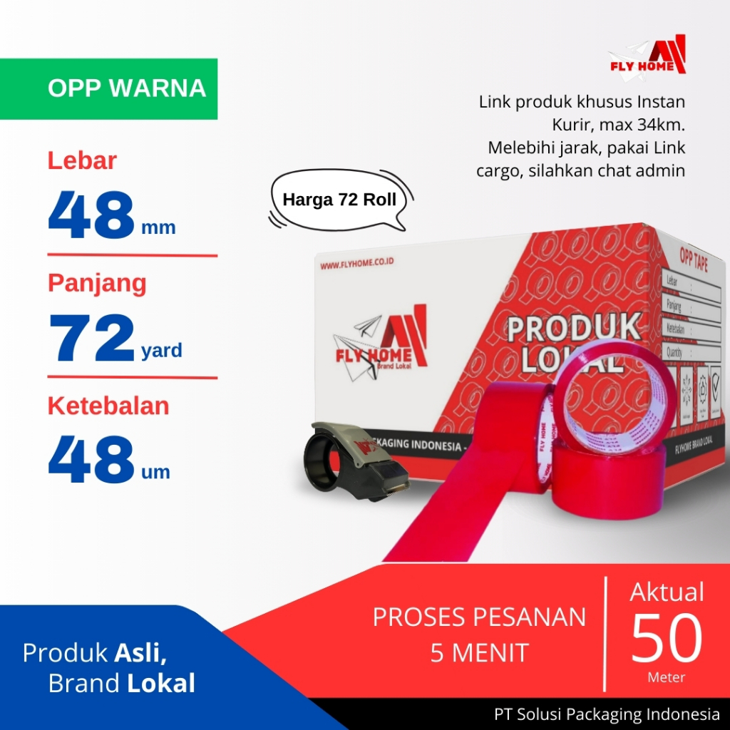 

FLYHOME Lakban warna merah 1 dus 72 yard 48mm x 72yard 2inchi 72 roll ECO Instan