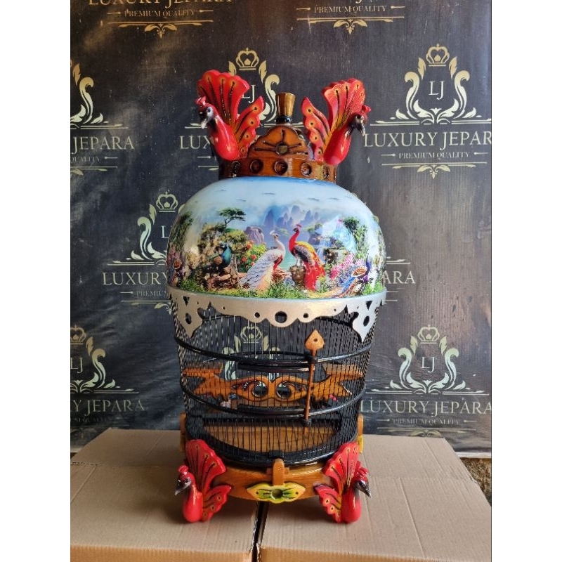 Sangkar Perkutut kubah kayu jati motif merak