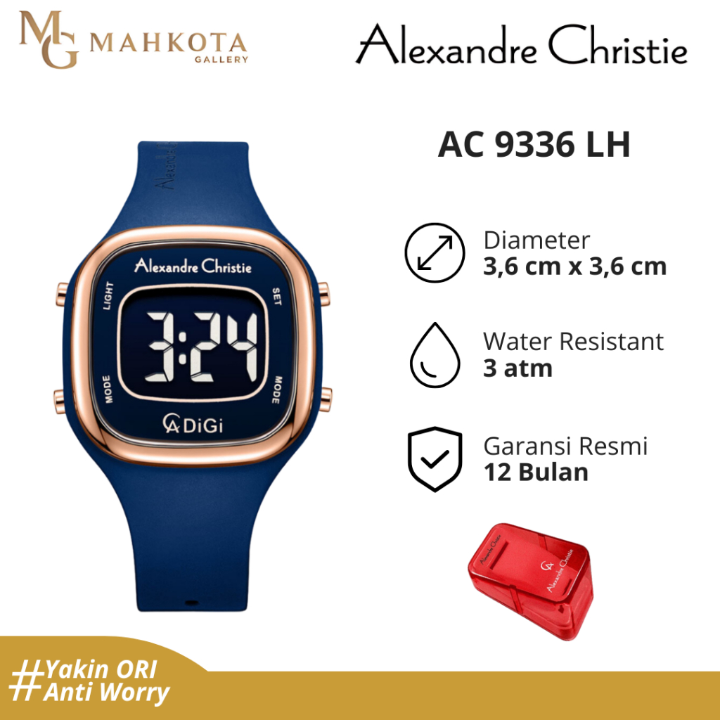 Jam Tangan Wanita Alexandre Christie AC 9336 LH Digital Kotak Tali Karet Original Bergaransi