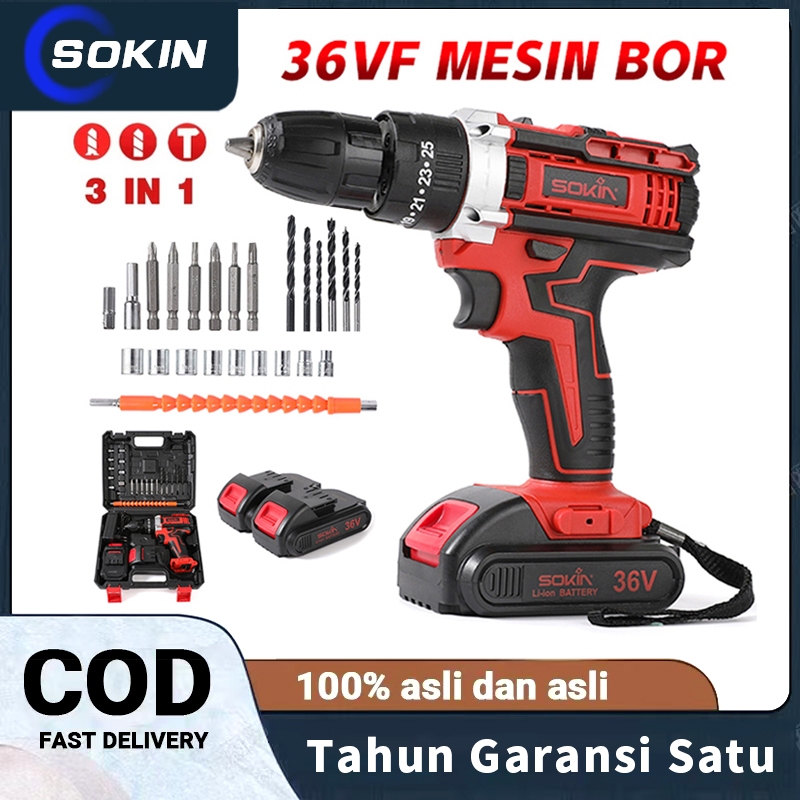 BISA COD 36vf Mesin bor 2baterai cas 10mm bor listrik murah bor tangan baterai besi tembok Beton kay