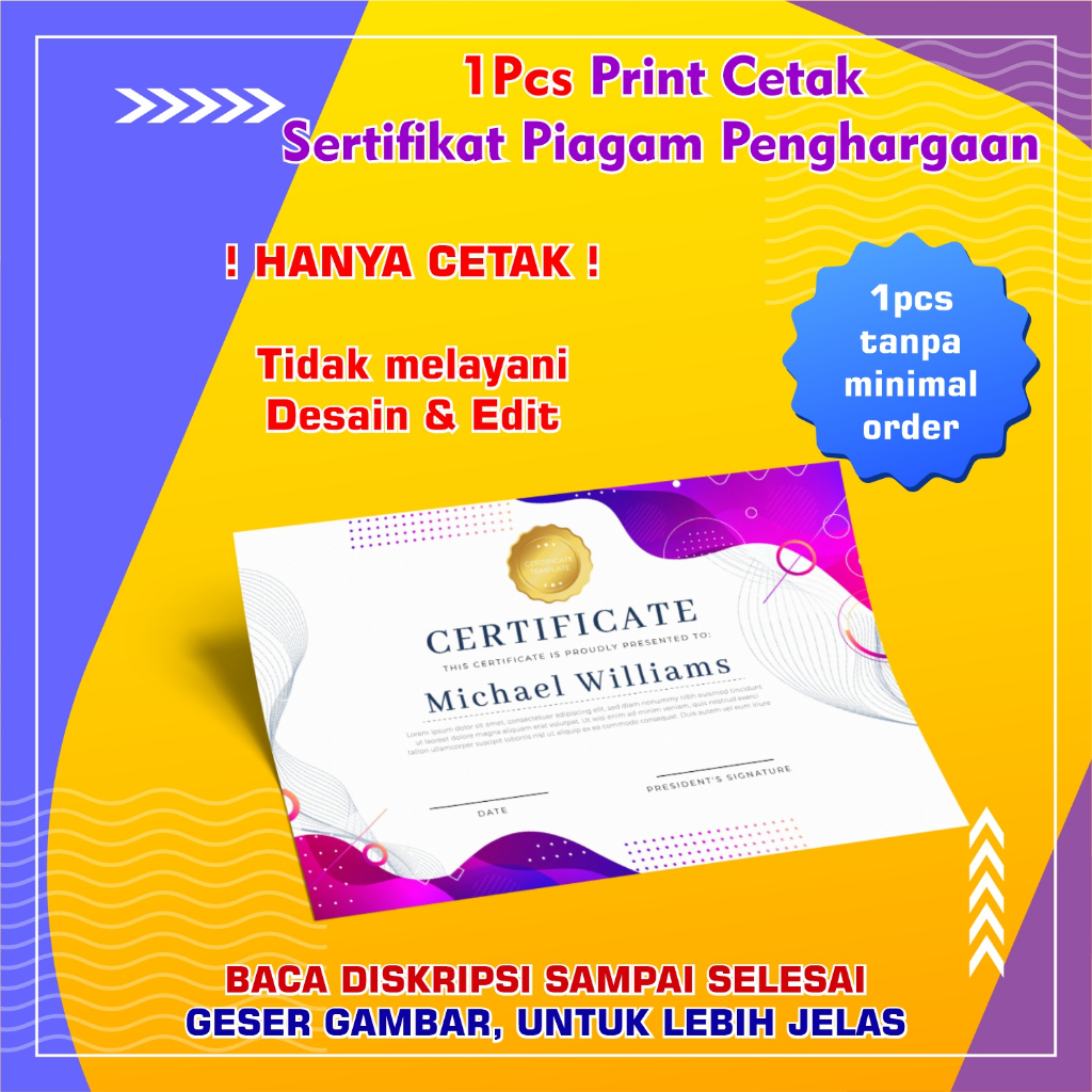 

1 Pcs Print Cetak Sertifikat Piagam Penghargaan Ukuran F4 A4 Letter Laminasi Laminating