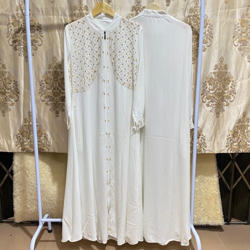 Gamis Putih Panjang Bermanik Manik Mewah dan Elegan Muslim Syari Dress Dewasa Remaja