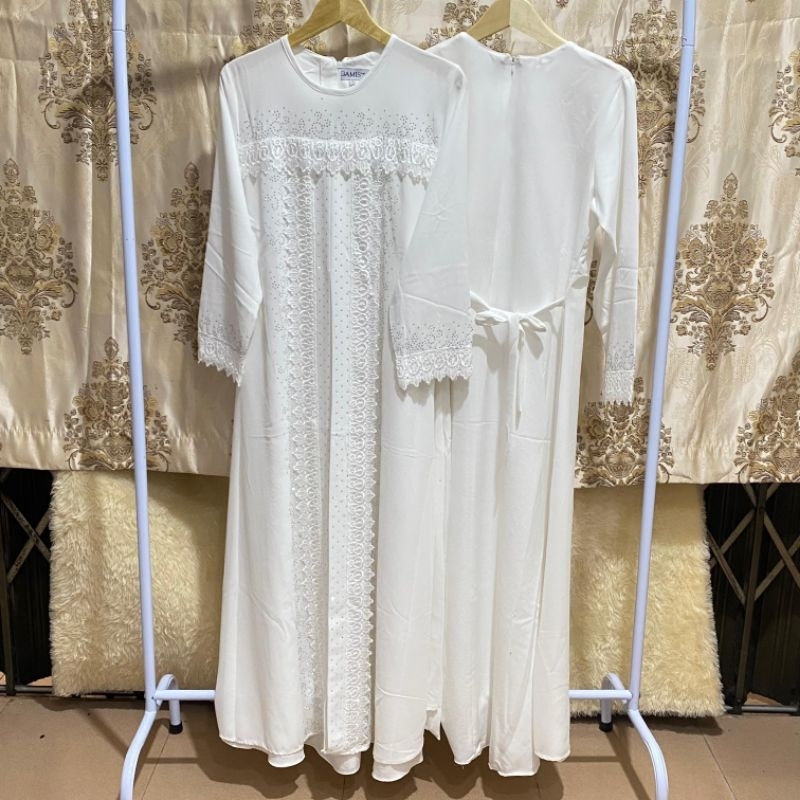 Gamis Putih Panjang Bermanik Manik Putih Mewah dan Elegan Syari Dress Dewasa Remaja Muslim Nyaman Le
