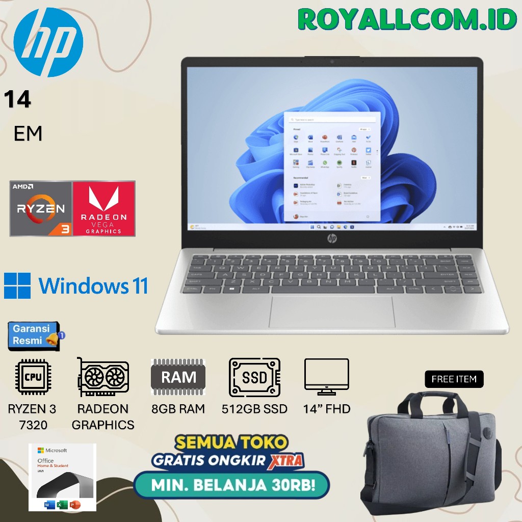 HP 14 RYZEN 3 7320 8GB 512GB W11+OHS