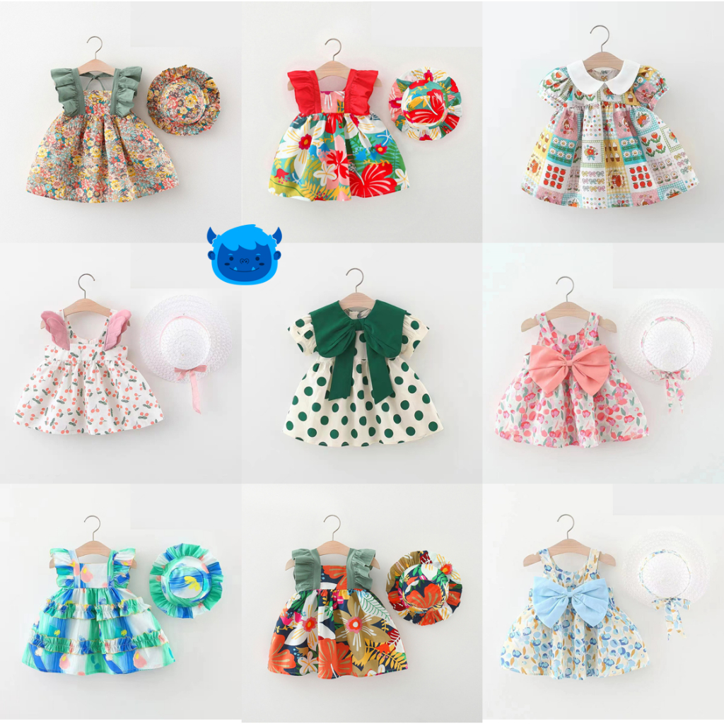 LITTLE YETI Dress Anak Perempuan Motif Bunga Bonus Topi Pita Renda Usia 1 - 5 Tahun