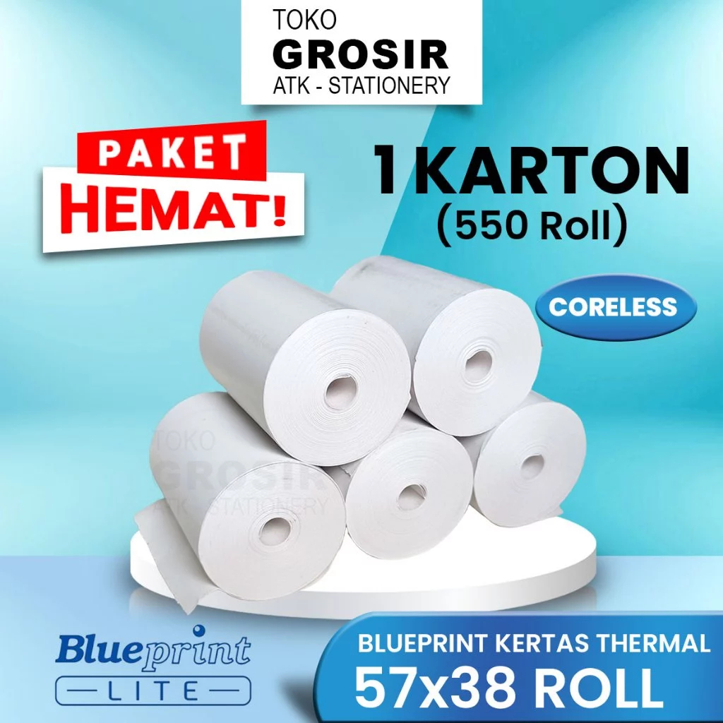 

(LIVE) PROMO HEMAT 57x38 Roll / 500 roll / 550 roll KERTAS KASIR STRUK KERTAS THERMAL TERMAL EDC BRI PPOB BLUEPRINT 57MM CORELESS-58X38 58MM Paket Hemat