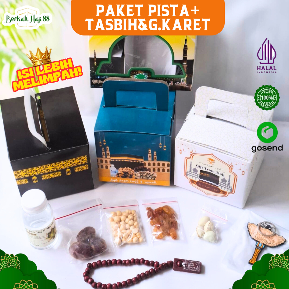 

Paket Oleh Oleh Haji dan Umroh Souvenir Dus Kotak Pistachio Gantungan Kunci karet Hampers Premium