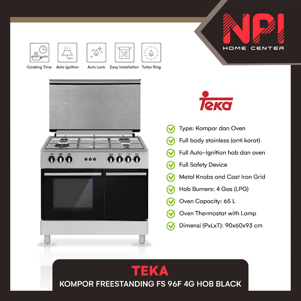 Teka - Paket Kompor Oven Freestanding Fs 96F / Fs96 F / Fs96F 4G Hob Black