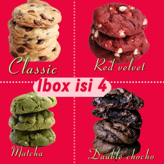 

PAKET HEMAT BEST MIX 4 PCS Soft Cookies Classic Red Velvet Matcha Choco Double