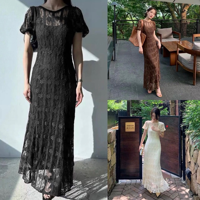 Set Inner dan Outer Dress Brokat Panjang Polos Bodycon untuk Wanita Ukuran Normal dan Big Hitam Krem