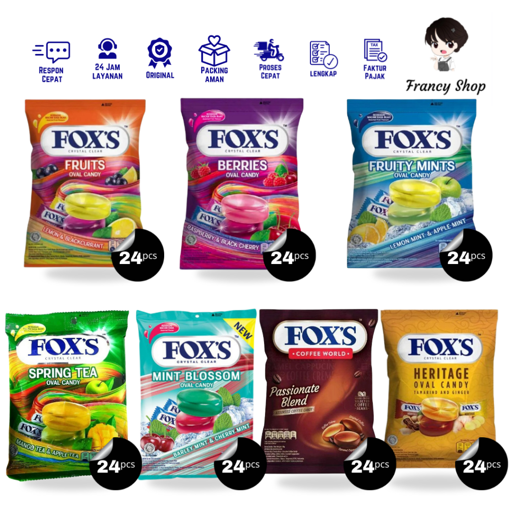 

Paket Murah Permen Fox's Crystal Clear Rasa Fruits Lemon & Blackcurrant / Berries / Fruity Mint / Spring Tea / Mint Blossom / Coffee World Passionate Blend / Heritage125 gr x24 Pcs