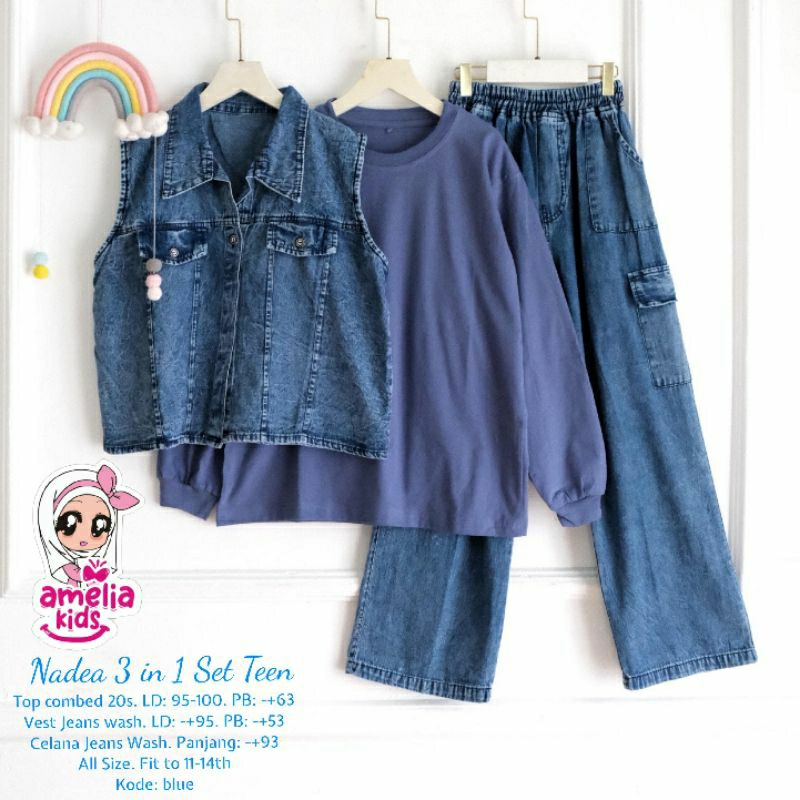 NADEA 3in1 SET KIDS - SETELAN 3IN1 ANAK BAHAN COMBAD ROMPI & CELANA JEANS ORI By AMELIA KIDS
