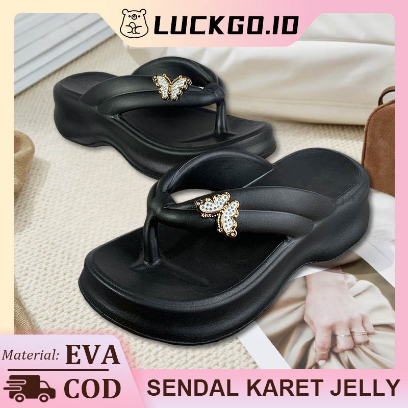 OK Sandal Jepit Wanita Wedges Karet Tinggi 5Cm Motif Kupu-kupu Sendal Karet Wanita Tinggi Cewek
