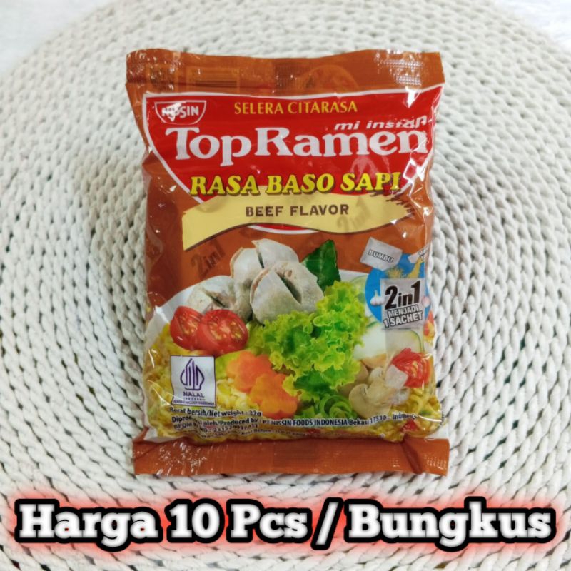 

TOP RAMEN - Harga 10 pcs/bungkus Mie Top Ramen Rasa Baso Sapi 32gr - Mie Instan Murah