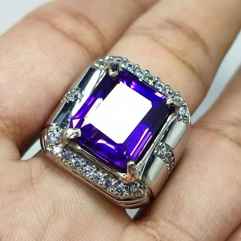 Natural Permata Kecubung Amethyst Kotak Cincin Pria Ring Perak Asli Bangkok