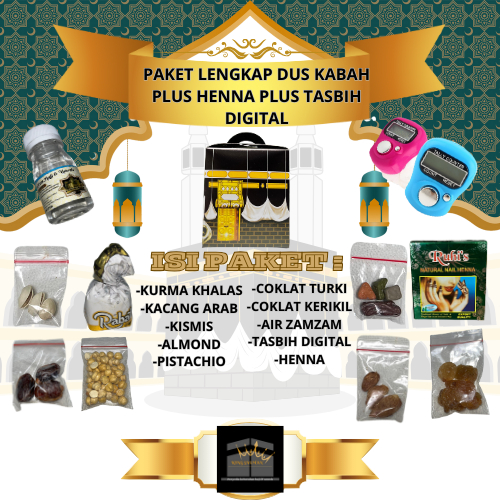 

Paket lengkap dus kabah oleh-oleh haji dan umroh plus henna plus tasbih digital