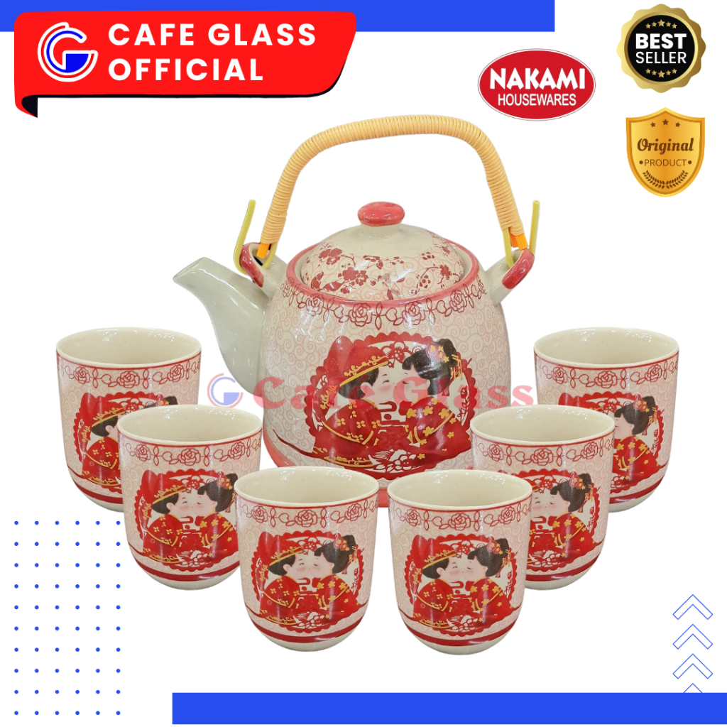 Set Teko Keramik + 6 Cangkir + Free Nampan Kayu Chinese Tea Set Merah Oriental / Hampers Imlek