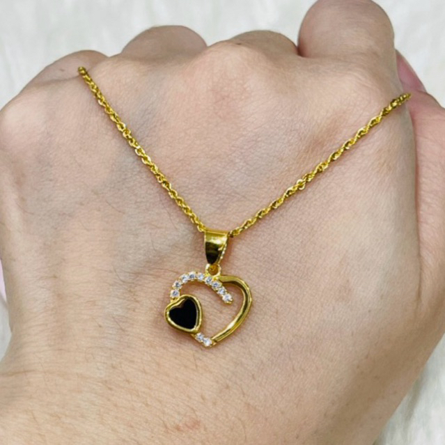 kalung with liontin love AD hitam putih simple elegant emas asli kadar 700