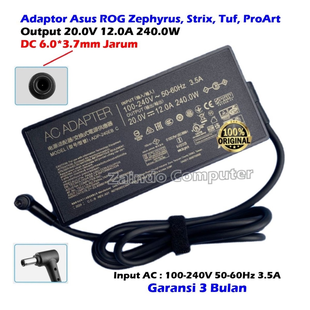 ADAPTOR ASUS ROG ZEPHYRUS 20.0V 12.0A 240.0W (6.0*3.7MM) S15 G16 M16 GU603ZE GA503RW GA503RS GX650RM