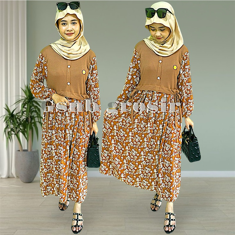 MIDI DRESS MOTIF BUNGA MELATI KAIN CRINKLE MIX KAIN KNIT FREE BROSS