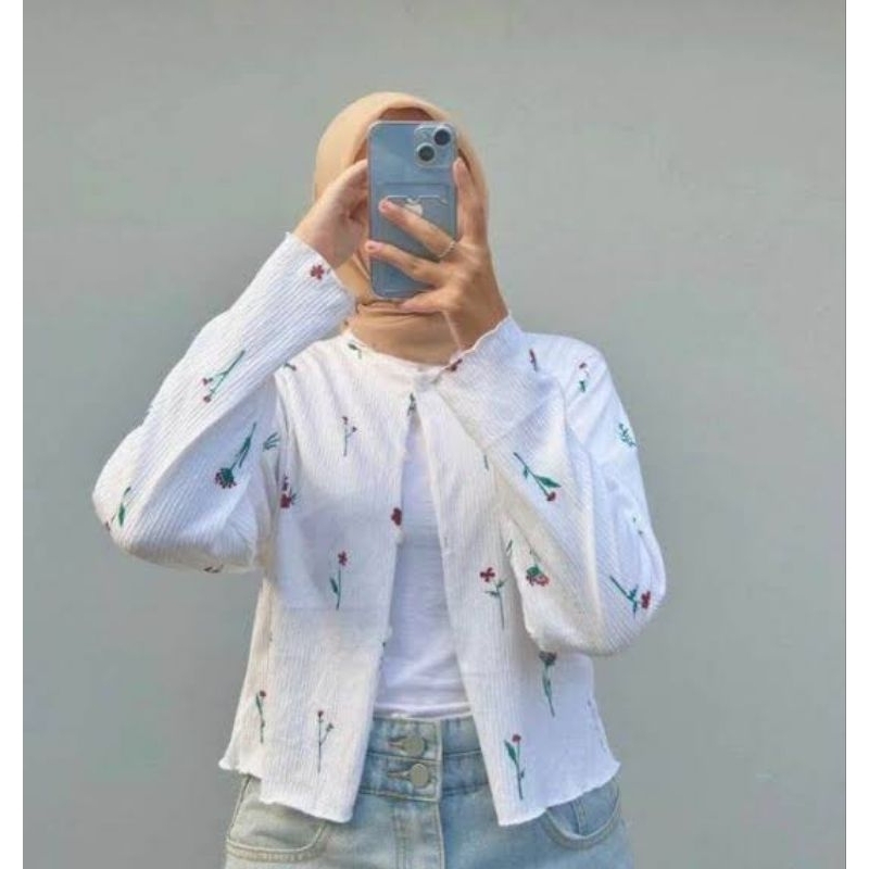 CARDIGAN WAFFLE LENGAN PANJANG MOTIF BUNGA PREMIUM