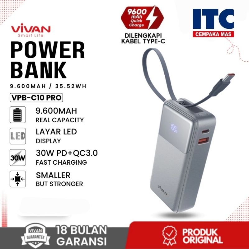 Powerbank Vivan VPB-C10 9600mAh Pro 30W Mini Design Original Bergaransi C10 Pro