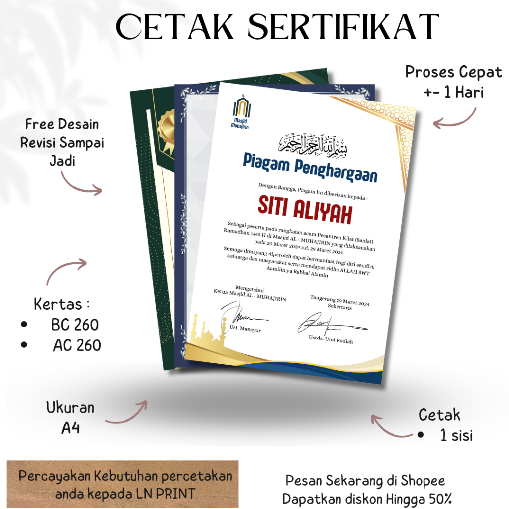 

Cetak SYAHADAH /SERTIFIKAT COSTUME / Piagam Free Desain