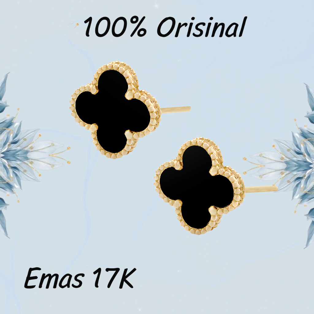 Anting Wanita, Anting Tindik Onyx Hitam Semanggi Empat Daun Emas 17K, Anting Tindik