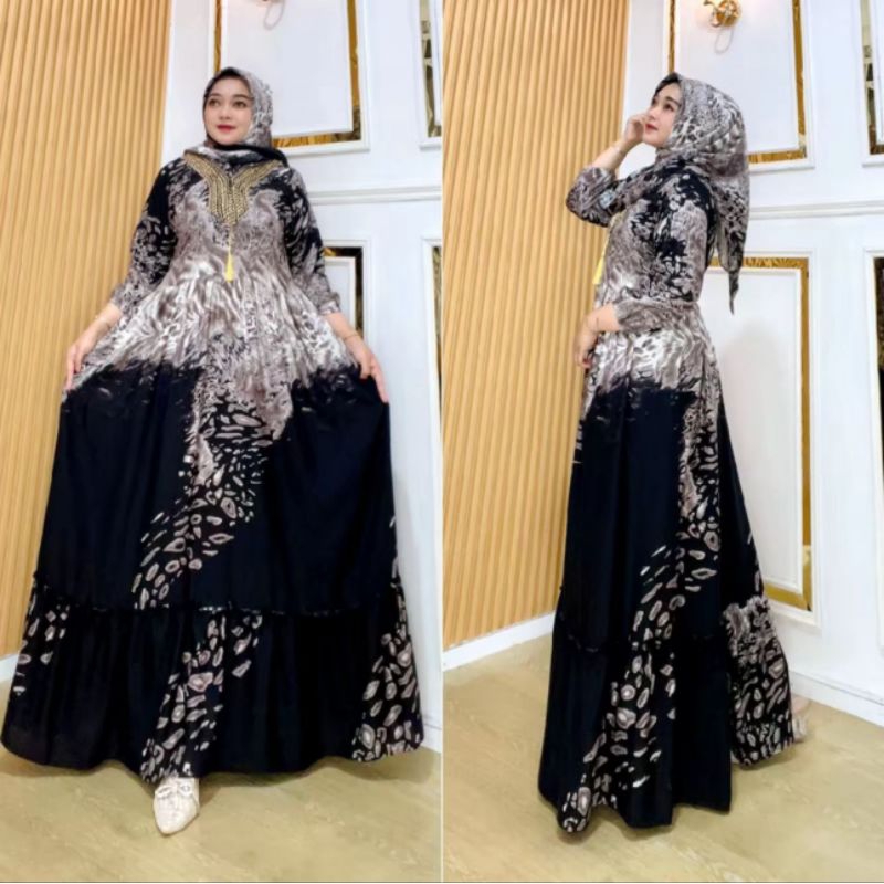 Gamis set hijab dress daster renda leopard hitam