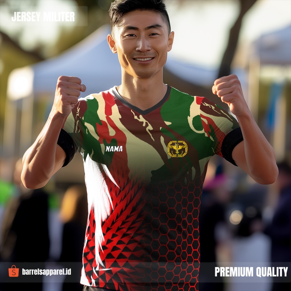 Kaos Jersey Kopassus Tentara TNI AD Angkatan Darat Hitam Merah Krem Hijau Motif Loreng Abstrak Honey