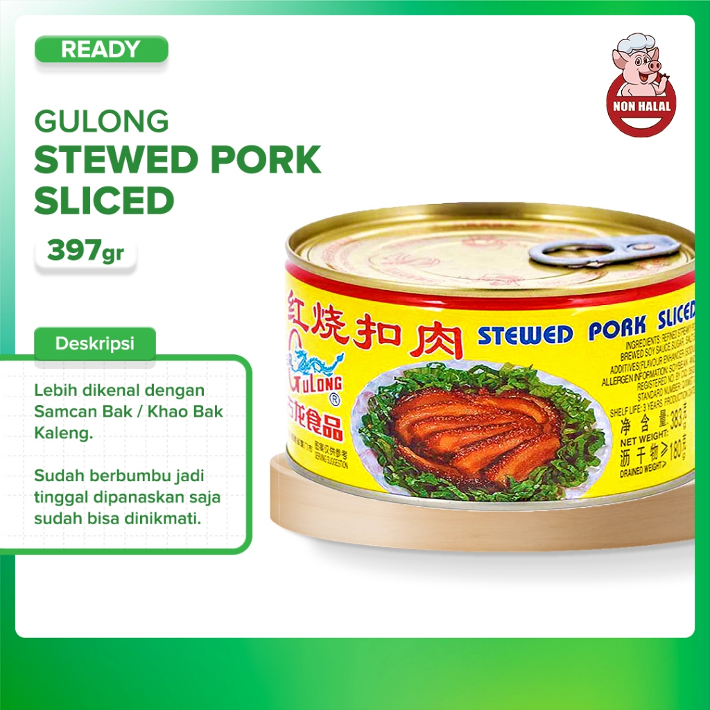 

Gulong SAMCAN / Stewed Pork Sliced / Babi Kaleng Sam Can 383 gram Kaleng Besar non halal sanjit / seserahan