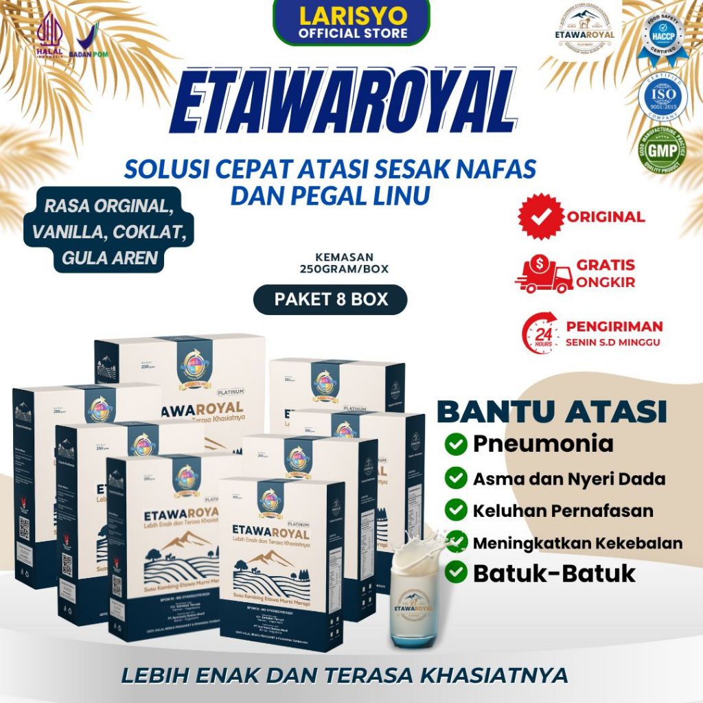

ETAWAROYAL Platinum - Paket 8 Box Kemasan 250gr - Susu Kambing Etawa Premium Untuk Therapi Nyeri Sendi, Pegal Linu, Keluhan Pernafasa, Asam Lambung