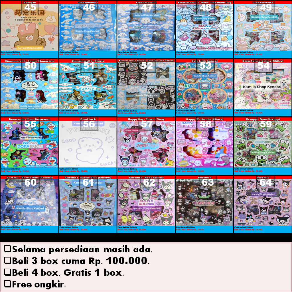 

❤️Kamila❤️ STIKER ISI 100 LEMBAR BOX BESAR CUTE ANIMAL EDITION, STIKER AESTETIK, STIKER MOMO, STIKER SANRIO, MAINAN SNI UNTUK ANAK-ANAK. COCOK UNTUK MELATIH KREATIVITAS ANAK. ADA LEBIH DARI 100 VARIAN.