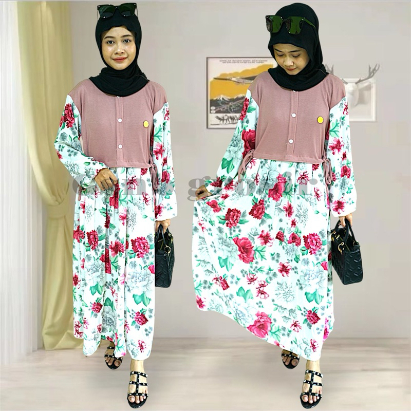 MIDI DRESS MOTIF FLORAL KAIN CRINKLE MIX KAIN KNIT FREE BROSS