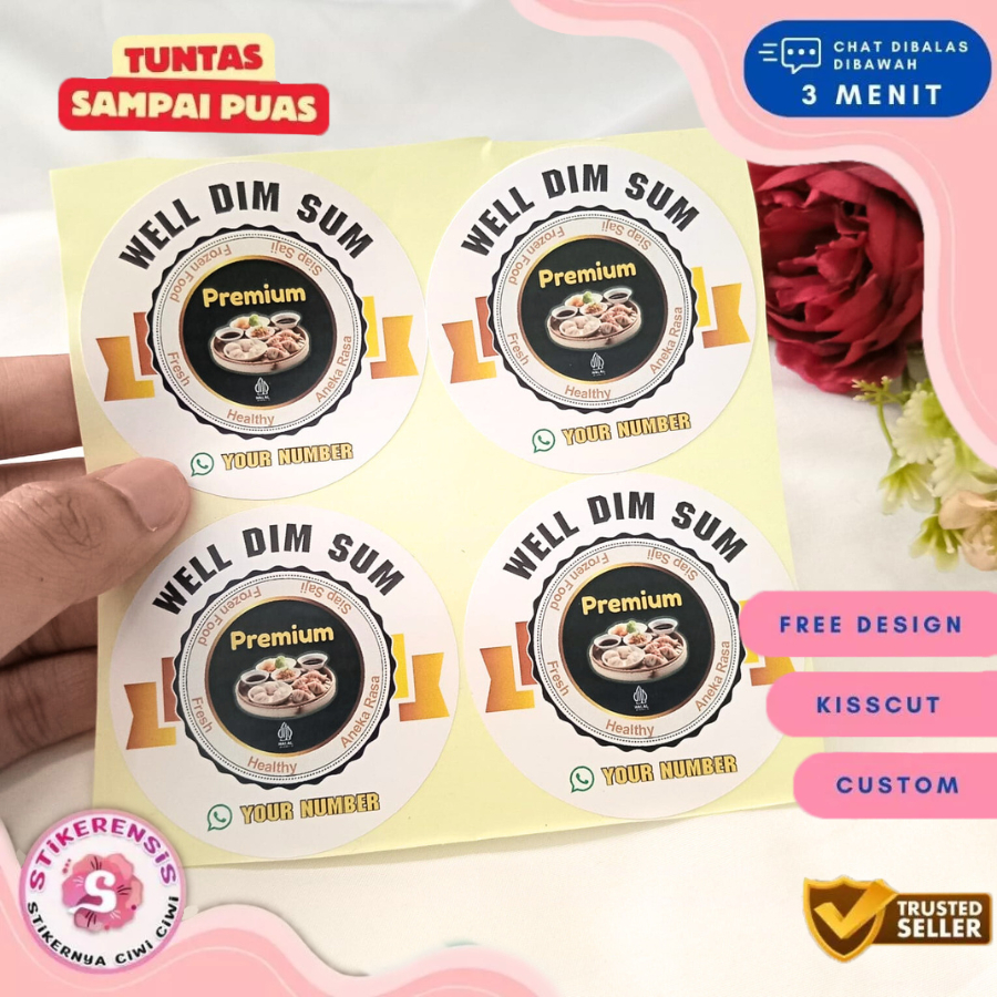 

9-15 Stiker Label Tema Dimsum Sticker Makanan Dimsum Bentuk Bulat Chromo Free Desain Custom Uk.Besar