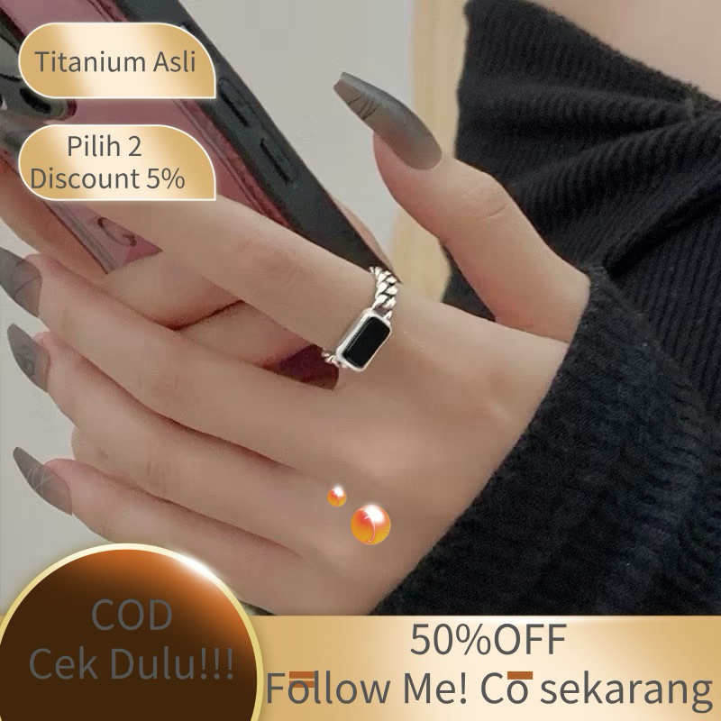 (BELI 2 DAPAT BONUS) C20 Cincin desain persegi geometris batu akik hitam perak murni 925 cincin terb