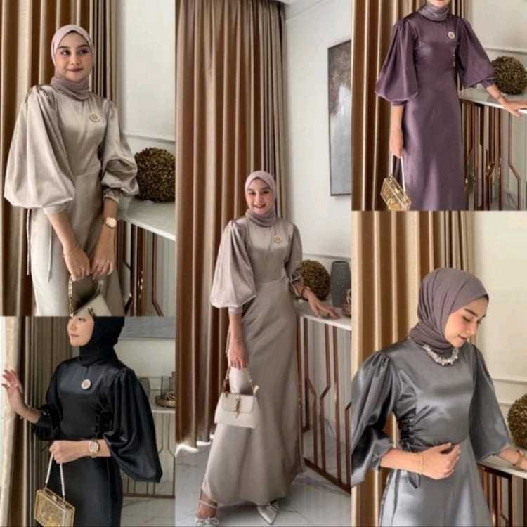 SALSHA Long Dress Satin//Bridesmaid Dress Hijab/Dess COD Lebaran Terbaru//Dress Model Tangan Ballon