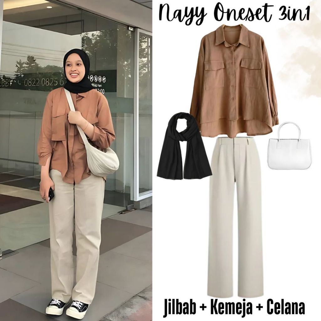 Oneset 3in1 kemeja coklat celana kulot pashmina hitam | outfit ootd main kuliah kampus kerja formal 