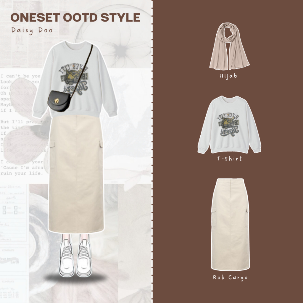 Daisy Doo / Outfit Set / Kaos T-Shirt / Rok Cargo / Hijab Pashmina / Setelan Korea Style Kekinian