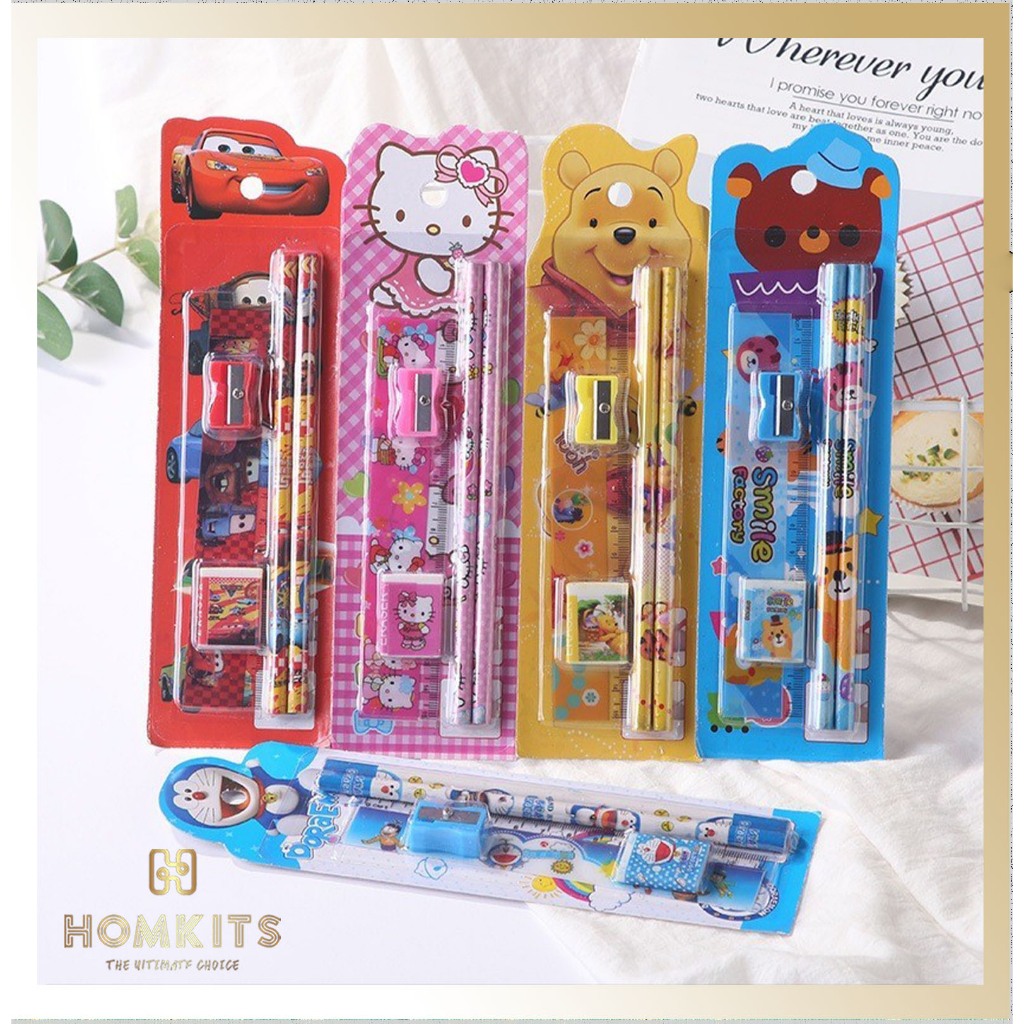 

HKS Stationery Set 5 in 1 Alat Tulis Anak Sekolah Penghapus penggaris Pensil Serutan Karakter Lucu