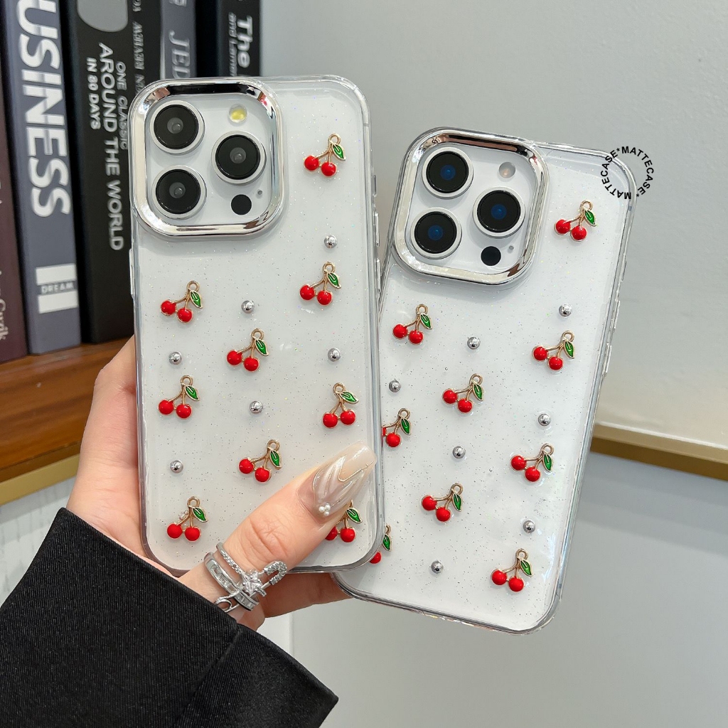 Case Iphone Cherry Aesthetic Clear Glitter - Hardcase/Case Hp Compatible For Iphone X Xr 11 12 13 14