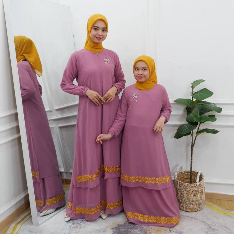 ZAFIRA GAMIS MALAYSIA COUPLE 2 LAYER BORDIR GOLD - DRESS BORDIR - KUURNGPESTA - IBU DAN ANAK
